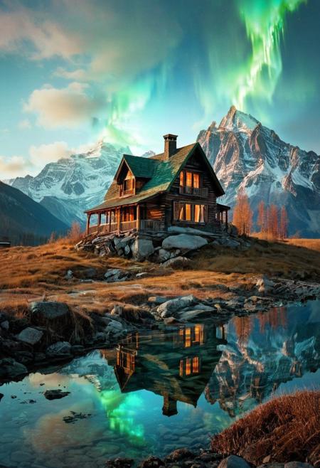 (by Ellen Jewett:1.5), ((Bioluminescent Impressionism: 1.8), The Dreamland), their peaks veiled in mist. mixed media, surrealism, great lighting, A surreal landscape highly detailed . extremely high-resolution details,  appears trapped in an optical illusion of reflections and refractions colorful , mountain cabin, ice and snow, professional photography, natural lighting, volumetric lighting maximalist. intricately detailed, complex, elegant, expansive, fantastical, film photography style,  medium grain,  <lora:MJ52:0.3>  <lora:SDXLFaeTastic2400:0.4>  <lora:EpicF4nta5yXL:0.7>.ethereal landscapes, depth of field, biotech emotion:1.3) <lora:xl_more_art-full_v1:0.5> <lora:add-detail-xl:1> <lora:RMSDXL_Creative:2>