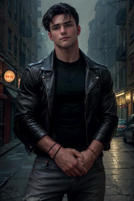 RAW Photo, photo of man levi_conely wearing classic black crewneck T-shirt, dark-wash, slim-fit jeans with a well-worn finish, leather wristband, black leather jacket casually slung over one shoulder, <lora:levi_conely-06:1> taken by Annie Leibovitz, posing in a nighttime cityscape with neon lights and bustling streets