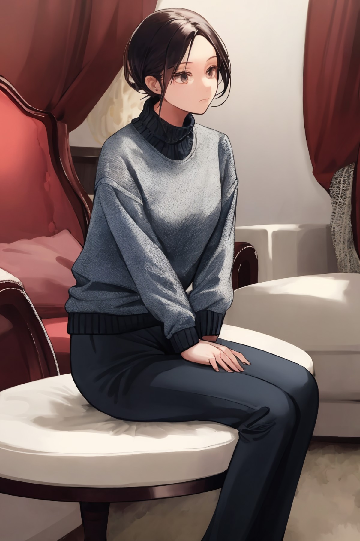 women sitting in a luxurious room wearing sweater and long pants