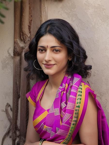 hires close up photo of a (shru woman) outdoors, looking looking at camera, smiling, colorful high neck (marathi_saree:1.2), curly black hair, ultra-detailed, photorealistic, intricate details, perfect face, full sharp, detailed face <lora:shru_Shruti_Haasan_SD15_LoRA_Adafactor-000004:1>