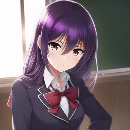 <lora:kasumi:1>, best_quality, high quality, 1girl, purple hair, red eyes, school uniform,