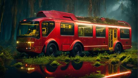 red and gold science fiction ground industrial city bus by a swamp, science fiction, cinematic lighting, night time, volumetric light, imax, dslr, highly detailed, volumetric fog, dystopian vibes, dutch angle, cinematic angle