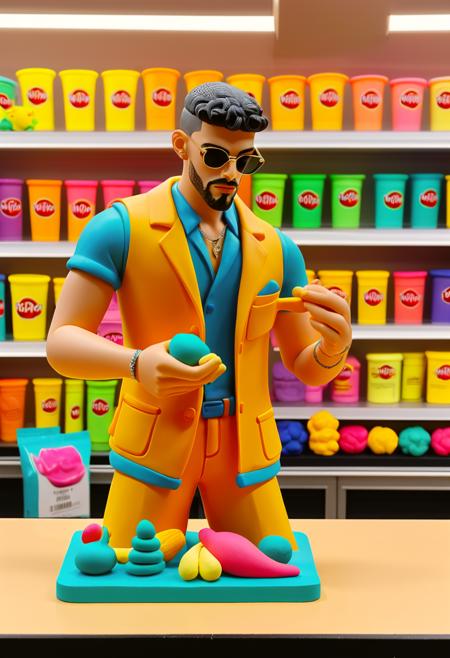 play-doh style badbunny a man working in a store,  <lora:badbunny:0.5>  . sculpture, clay art, centered composition, Claymation