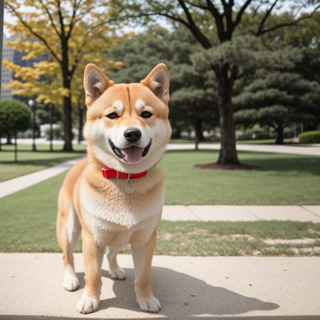 RAW photo, absurdres, high quality, photorealistic, 
a portrait of a shiba inu, looking at viewer,
outdoors, park, sunlight, photo background,
photo realism, ultra-detailed, 50mm, f1. 4, 8k uhd, film grain