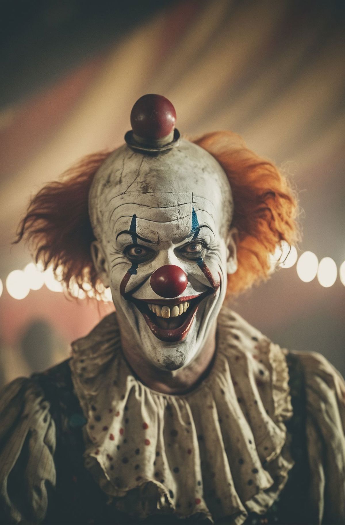 A clown wearing a wig and a red nose is smiling.