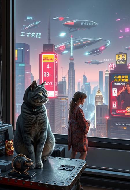 Grey tabby cat with green blue eyes sits on a cluttered metal riveted desk next to a maneki neko statue and a small Nintendo , the cat is looking out to a floor to ceiling window that looks out over a futuristic cyberpunk New York skyline with skyscrapers, holographic advertisements, futuristic airships covered with lights and advertisements in Japanese, a space elevator, (((a tall thin beautiful young woman, 22 years old, is standing next to the cat looking out at the city through the window))), The woman is dressed in an ornate Japanese style bath robe, exposing a small bit of cleavage and her lower legs.  The woman's hair is messy from just waking up and tied up with a ribbon. Artistic cyberpunk, dynamic perspective, a translucent neon projection of a strip club bar advertisement displaying a partially dressed woman is visible on a nearby building, neon and led lighting in the apartment, military futuristic space ship visible in the distance,