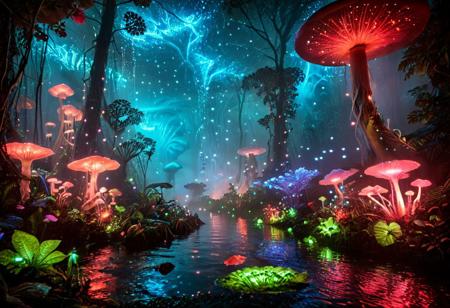 8k UHD<lora:spo_sdxl_10ep_4k-data_lora_webui:.5>, masterpiece,realistic, cinematic light, best quality, Macro detailed realism style photograph, amazing quality, very aesthetic, high resolution, , absurdres, epic scenery, insanely detailed, realistic, photorealistic, An otherworldly bioluminescent jungle, where every tree, plant, and mushroom glows with vibrant blue and green. ((Gigantic mushrooms glowing with red and magenta)), a river pulses with soft light, and bioluminescent creatures dart through the air, leaving trails of light behind them. flowers, sky is filled with swirling auroras that mirror the forest's glow, creating a dreamlike atmosphere filled with enchanting Luminescence,  intricate patterns on leaves and bark, reflecting the natural beauty of this glowing wonderland.,
((Best quality photorealistic details)), ((very eerie atmosphere)), flux-style, , forest,acid water, alienworld<lora:Alien_World-xl-8:0.6>,