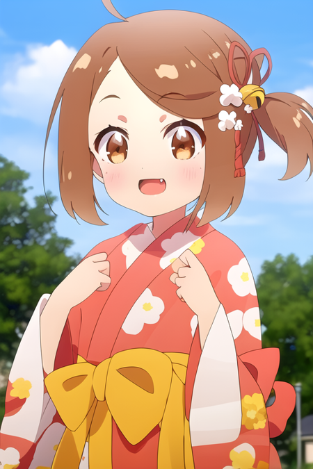 masterpiece, best quality, 4K Quality, 1girl, solo, looking at viewer, blush, smile, short hair, open mouth, bangs, brown hair, hair ornament, long sleeves, ribbon, brown eyes, hair ribbon, upper body, ahoge, :d, outdoors, japanese clothes, sky, day, fang, cloud, virtual youtuber, hair flower, wide sleeves, kimono, blurry, side ponytail, blue sky, hands up, sash, bell, blurry background, one side up, obi, floral print, jingle bell, hair bell, red kimono, print kimono