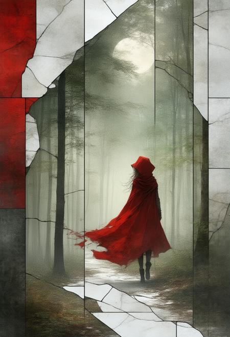 A haunting and surreal depiction of Little Red Riding Hood, rendered in a fractured, stained-glass Cubist style. The scene shatters into geometric shards, presenting multiple perspectives of the girl, the dense forest, and a subtle, unsettling suggestion of the wolf's presence. The palette utilizes deep reds, greens, and blacks, punctuated by bold white lines and a soft, inner luminescence emanating from the girl's cloak and the forestâs depths. Photorealistic details of the cloakâs texture, the forestâs foliage, and a hint of the girlâs apprehensive expression harmonize with the abstract fragmentation, creating a captivating and slightly unsettling fairytale reimagining. Ultra detailed, 8k resolution, volumetric lighting, octane render, emphasizing the interplay of light and shadow and the symbolic use of color to evoke a sense of both innocence and foreboding.