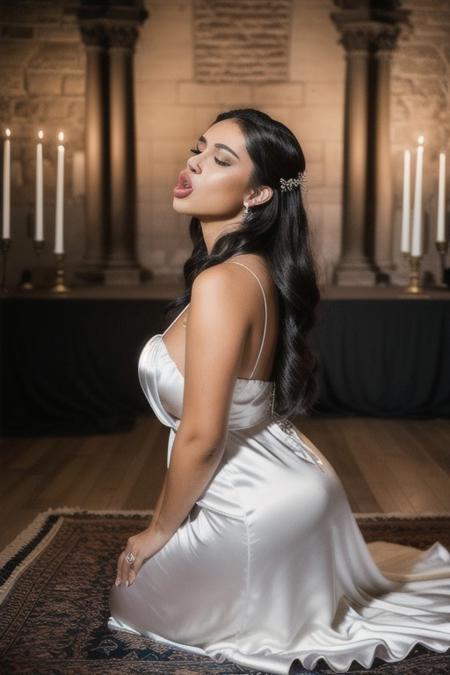 Photo•raw•8k uhd•dslr•high quality•ultra-realistic•realistic•realism•film grain overlay•Fujifilm XT3.
View from side, dark gothic-style•candle-lit room•ancient stone altar.
1woman•wearing a (white satin gown dress)•(voluptuous)-body•kneeling•perfect(face•eyes•big nose•big lips•wide mouth).