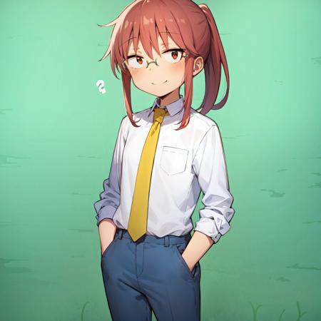 best quality, masterpiece, 1girl, solo, kobayashi \(maidragon\), upper body, smile, closed mouth, ponytail, glasses, red eyes, white shirt, red hair, collared shirt, pants, yellow tie, flat chest, outdoors, shirt tucked in, hands in pockets, small hands, standing, sidelocks, straight-on, facing viewer, looking at viewer,