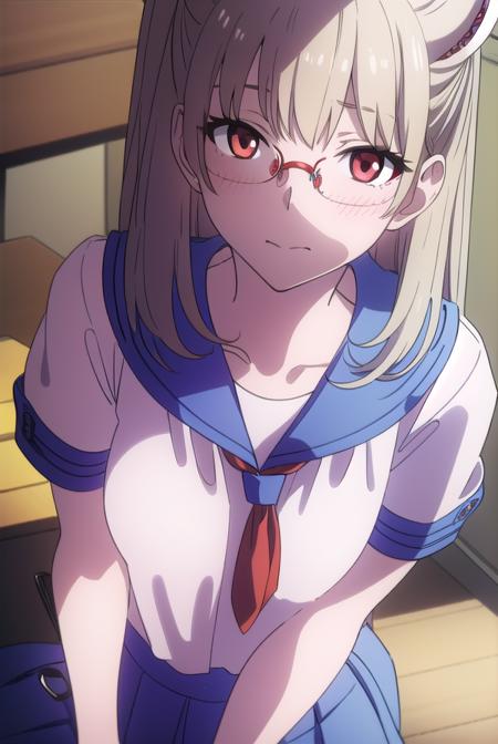 kotonesasaki, <lyco:kotonesasaki-LYCORIStest:1>,
kotone sasaki, long hair, (red eyes:1.5), glasses, blonde hair, hair pin, (small breast:1.2),
BREAK sailor uniform, serafuku, blue sailor collar, short sleeves, skirt, blue skirt, school uniform,
BREAK looking at viewer,
BREAK indoors, classroom,
BREAK <lora:GoodHands-vanilla:1>, (masterpiece:1.2), best quality, high resolution, unity 8k wallpaper, (illustration:0.8), (beautiful detailed eyes:1.6), extremely detailed face, perfect lighting, extremely detailed CG, (perfect hands, perfect anatomy),