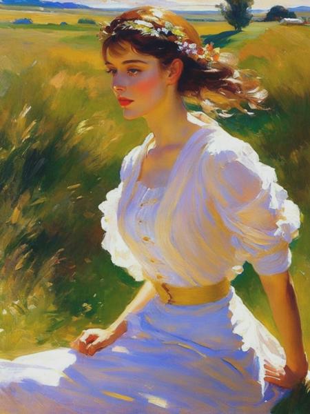 <lyco:LovisCorinth:1.0> vibrant young woman on a sunny field, painting by John Singer Sargent, old oil painting, classical art, impressionist art, impasto painting