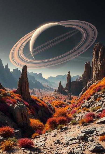 A dramatic landscape on an exoplanet with a breathtaking view of a ringed gas giant in the sky. The planet’s surface is rugged and alien, with strange rock formations and vibrant, otherworldly vegetation. The rings of the gas giant cast colorful shadows and reflections, creating a surreal and captivating environment.