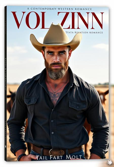professionally-designed simple modern sleek uncluttered high-fashion magazine book cover art, on the cover should be a mid-length posed muscular, attractive bearded grungy scruffy rugged tattooed tall broad blue-eyed cowboy looking at viewer, he's outdoors on a Texas cattle ranch, this is a contemporary western romance