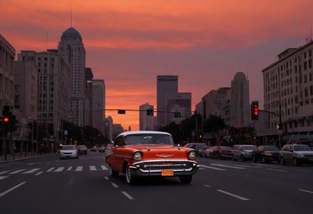 car, motor vehicle, no humans, road, building, city, lamppost, sky, outdoors, scenery, orange sky, street, sunset, cityscape, vehicle focus, skyscraper, red sky, evening, gradient sky, shadow, traffic light, twilight,  full-size car, cloud, dusk, red background, crosswalk, window, skyline, road sign, (1957 Chevrolet Bel Air)