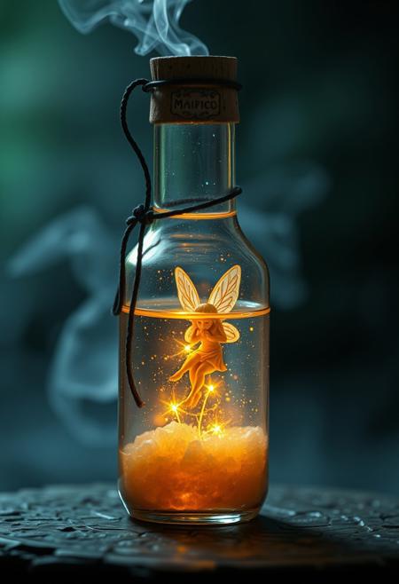 A magic space potion with drowning tiny fairy inside the bottle