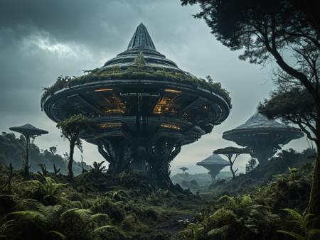 intricate mystical dreamlike melancholic maiden, masterpiece, intricate, Hasselblad x2D 100c, ISO 300, 1/250s, F/2,8, 38 mm, extremely high quality RAW photograph, landscape of an unexplored planet from the Mass Effect universe, huge Protean pyramid with luminescent strange patterns, surrealistic dense vegetation, fantastically shaped trees, SR1 Normandy spacecraft standing in the background, 8K, HDR, depth of field, dark high-contrast, extremely detailed, atmospheric haze, dramatic lighting, high contrast, intense shadow play, dark palette, <lora:add-detail-xl:1.2> <lora:Bio-Luminescence:0.6> bioluminescent, glowing,  <lora:xl_more_art-full_v1:0.6>