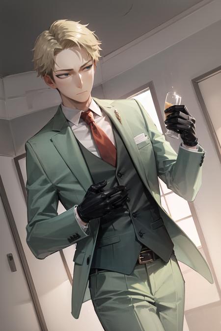 agent_twilight, masterpiece, best quality, (colorful), solo, outside, emotionless, shirt, gloves, holding, closed mouth, jacket, open clothes, necktie, black gloves, belt, pants, vest, formal, suit, green vest <lora:agent_twilight-v2-10:1>