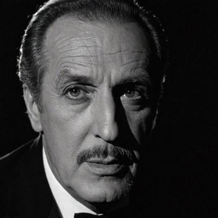 cinematic, ((black and white, monochrome, greyscale)), 1975, photograph, Vincent Price, beautiful expressive eyes, It is close to midnight, something evil is lurking in the dark, under the moonlight, you see a sight, that almost stops your heart, you try to scream, but terror takes the sound before you make it, you start to freeze, as horror looks you right between the eyes, you are paralyzed at night, noise, detailed, high quality, cinematic lighting, contrast, heavy dynamic shadows, atmospheric, photographed with a 8x10 bellows Calumet camera,