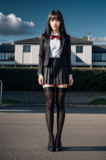 realistic, masterpiece, high detailed skin, looking at viewer, full body shot, scenic view, long hair, black hair
<lora:Latex_School_Dress_By_Stable_Yogi:1> latex pattern school uniform, blazer, skirt, thighhighs