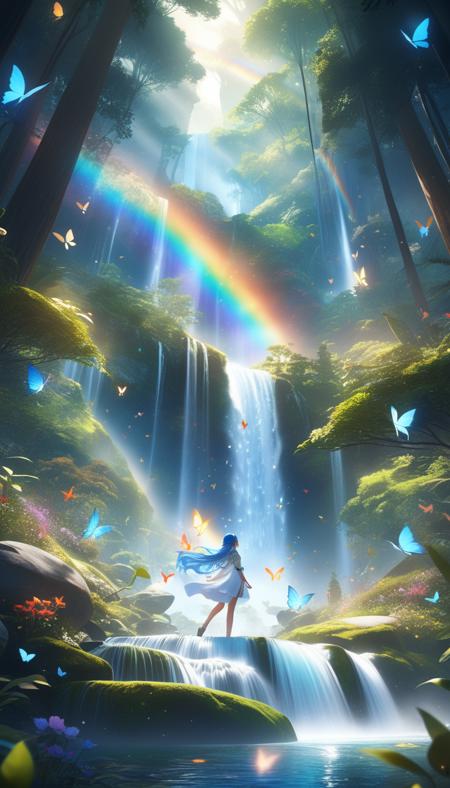 A detailed digital art of a mystical elf with freckles and long, luminescent blue hair floating in mid-air, surrounded by sparkling rainbow butterflies, in a tranquil forest with a cascading waterfall, intricate details, trending on ArtStation, 4k resolution, Unreal Engine 5, award-winning