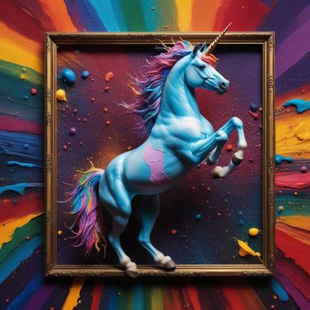 high detailed cinematic photo, breathtaking, a unicorn bursting through a picture frame, the painting is a splash of colorful paint, Jackson Polloc style, perfect lighting, patchwork of wool