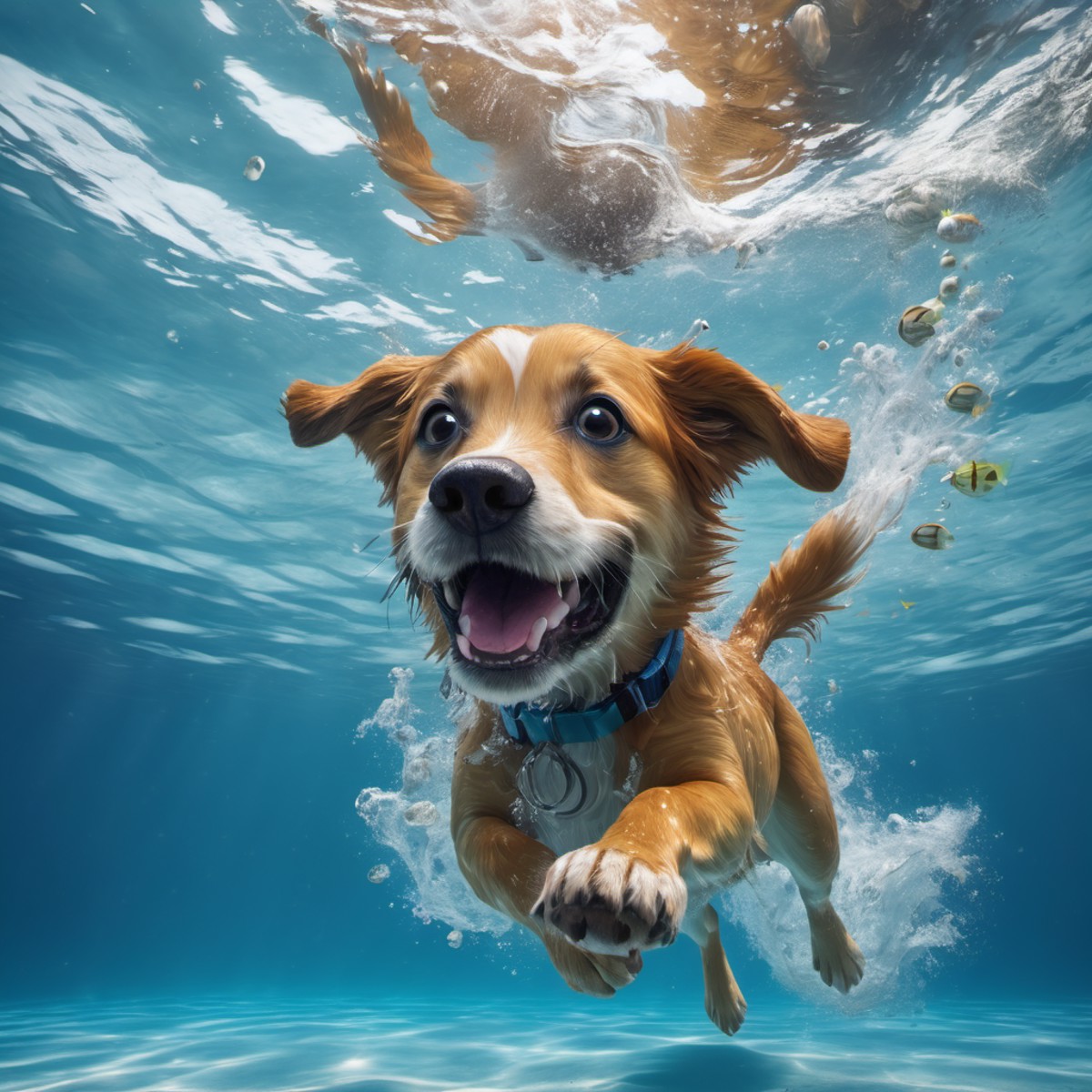 Happy dog swimming underwater and having fun. Happy childhood and summer vacation. High quality photo realistic .8k,, deta...