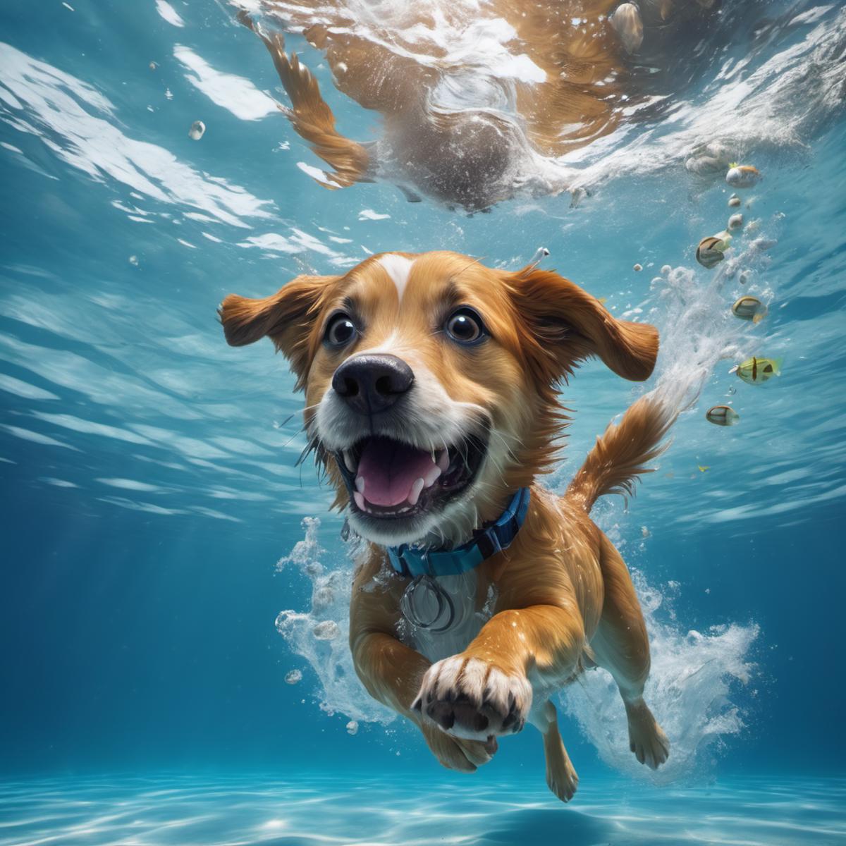A dog swimming in a body of water with a blue collar on.