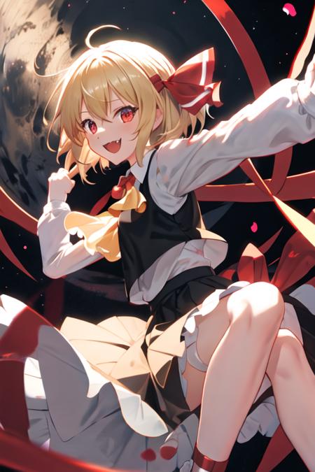 best quality, masterpiece, highres, solo, {rumia_touhou:1.15}, blonde_hair, ribbon, short_hair, hair_ribbon, red_eyes, vest, smile, open_mouth, red_ribbon, ascot, 1girl, long_sleeves, shirt, skirt, darkness, outstretched_arms, skirt_set, fang, looking_at_viewer, spread_arms