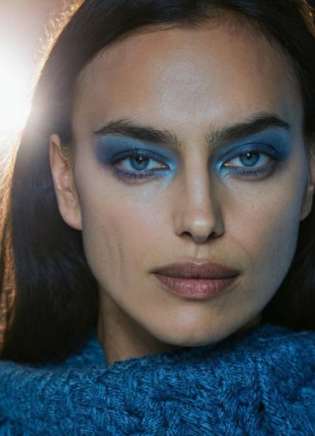 ir1na woman,high resolution photo,close-up,long black hair,blue eyeshadow,F/1.8,volumetric lighting,wearing sweater,highly detailed skin,pores,night