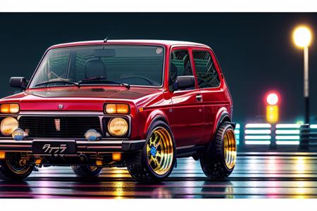 (STANCE), (lowrider), masterpiece,best quality,official art,extremely detailed CG unity 8k wallpaper,illustration, light,car, bright, vehicle focus, road, ((need for speed)), moving, wet, (night, midnight:1.5), cyberpunk, tokyo,neon lights,drift,  <lora:VAZ2121:0.8>, ((VAZ2121))