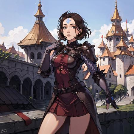 (castle, gorgeous view)
(cowboy shot), sfw,  (masterpiece), (best quality:1.0), (ultra highres:1.0), detailed eyes, detailed clothing texture, beautiful face, Jinora posing, royal knight armor, holding helmet
(blue-arrow forehead tattoo)
<lora:Jinora_TLOK_V2:0.6>,   <lora:ff14 mogi yuusuke:0.8>