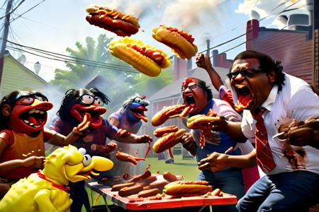 cookout food fight, a brawl at redneck bbq, everyone is a muppet with missing teeth, hot dogs flying everywhere, backyard