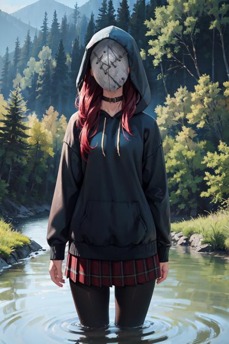 LegionSusie mask plaid skirt, pantyhose, hoodie, hood up pink hair