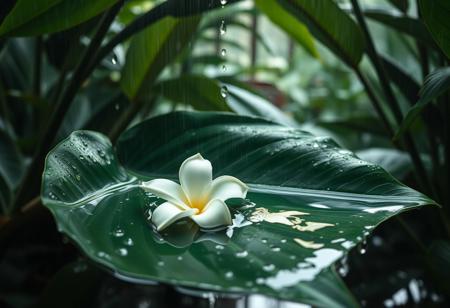 Cinematic photography, rainwater pooling in hollow of tropical leaf resembling body curve, droplets sliding down like sweat, oversized gardenia floating in water, setting: steamy greenhouse at downpour, mood: primal release, lighting: raindrop-refracted jungle light, color theme: emerald and creamy white, camera: ARRI Alexa Mini