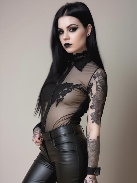 a beautiful 26yo goth woman, dark haired, straight hair, beautiful arched eyebrows, (black colored eyes:1.2), eyeliner, porcelain skin, wearing black see-through (lace shirt:1.1), wearing black leather pants, tattoos, 1girl, light beige background