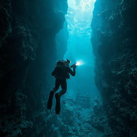 *"A breathtaking deep-sea abyss scene, with two massive rocky walls covered in bioluminescent coral and strange underwater flora. The camera angle is positioned above the diver, looking down as he explores the dark depths. The diver, wearing a high-tech deep-sea suit with glowing blue accents, holds a rugged underwater camera in one hand, filming the mysterious abyss. In his other hand, he grips a powerful flashlight, its bright beam cutting through the inky darkness, revealing eerie shadows and ancient ruins scattered along the ocean floor. Schools of alien-like fish dart away from the light, while strange, translucent jellyfish float in the distance. The water is thick with particles, creating a dreamy, cinematic atmosphere. The scene is dark, moody, and mysterious, with dramatic lighting from the diver’s flashlight casting long, haunting shadows. Ultra-detailed, photorealistic, 8K, cinematic underwater shot."*