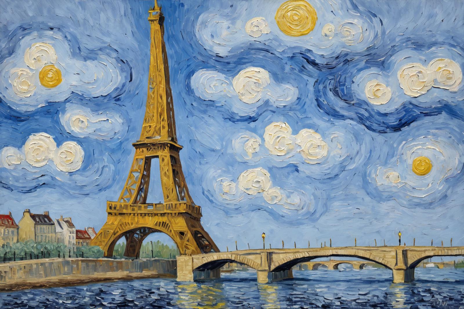 A painting of the Eiffel Tower with a bridge and clouds in the background.