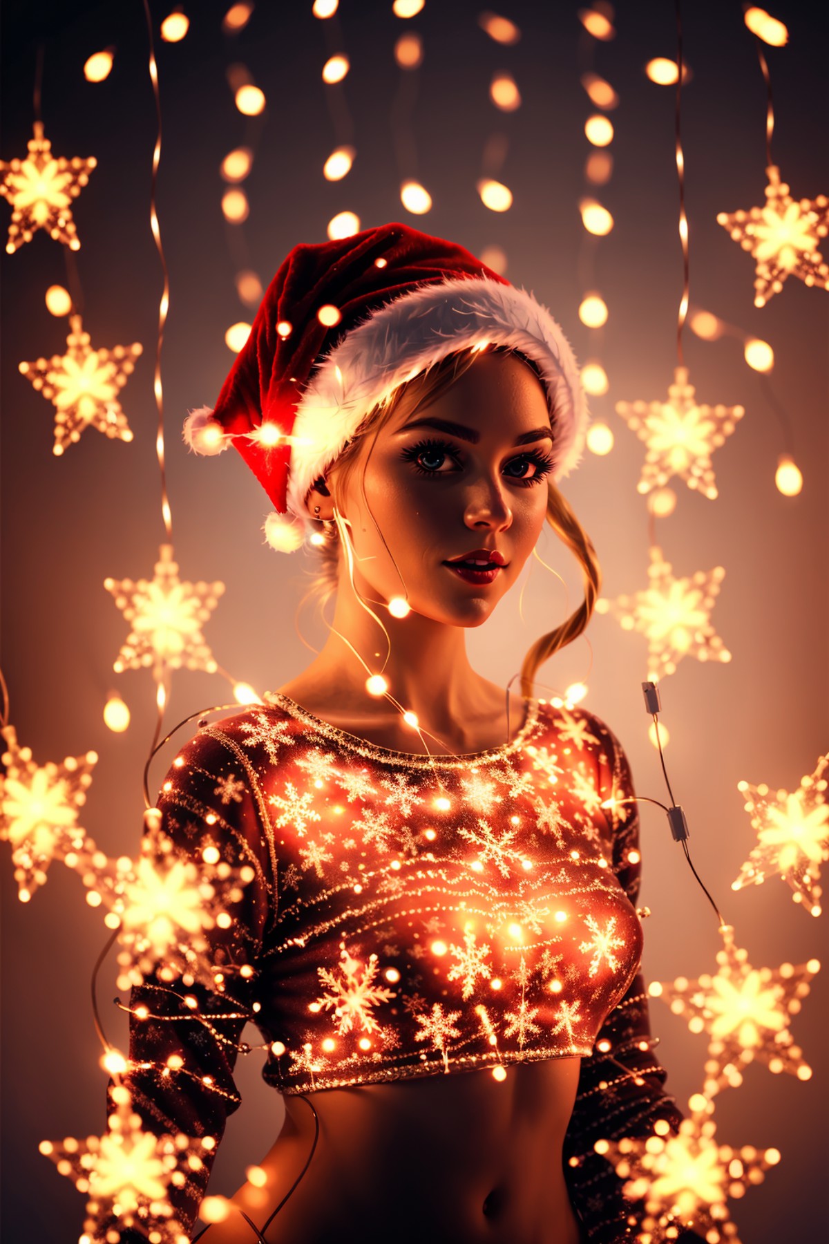 <lora:Xmas3:0.7> Xmas woman, christmas style background, (string lights:0.4)