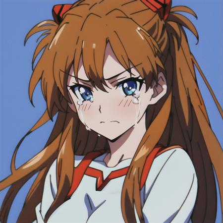 masterpiece, best quality,solo, souryuu asuka langley, v-shaped eyebrows ,crying,meme, lookind at viewer,colorful, bright colors,anime coloring,1girl, solo, long hair, breasts, bangs, blue eyes, simple background, brown hair