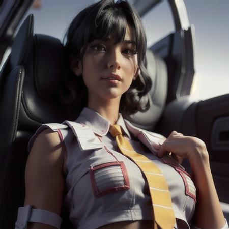 8k, best quality, real picture, intricate details, ultra-detailed, ultra highres, depth field,(photorealistic,realistic:1.2),masterpiece,photo of bishoujo starscream, exposed middriff, short black hair, yellow tie, dark skin, jet wing purse,solo, sun, blue sky, best quality, realistic, photorealistic, (intricate details:1.2), (delicate detailed), (cinematic light), clear line, sharp focus, realistic face, detailed face unity 8k wallpaper, ultra high res, (photorealistic:1.4), looking at viewer, halfbody, <lora:bishoujo_starscream>