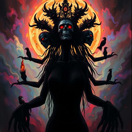 My six-headed bride, Black on both sides, black silhouette, Volumetric lighting, Dreamyvibes Artstyle, cosmic horror, hellfire, neon aurora background, oil painting, variety of colors in background, a cruel yet beautiful face, full body shot,