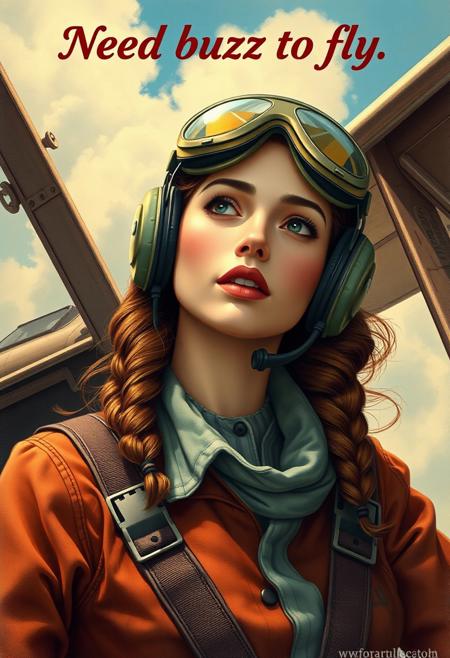 Masterpiece. (title text on top: "Need buzz to fly"), Illustration of a beautiful woman, vintage aircraft pilot, early twentieth century, high-res, semi realistic, best quality, intricate details, ultra details, good lighting, vibrant colors, very detailed, octane render, ray tracing,
