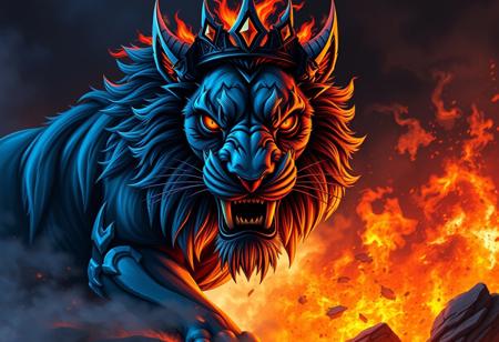 a close up of a fire lion on a Molten Destruction, few ultramarine highlights, portrait of a zentaur, venomfang, blue and black color scheme, trending on interfacelift, full view of face and body, extremely detailed brush, prince crown of black gears, fire lion, quick assembly, white solid bacgkround, median photoshop filter cutout vector behance, hd by artgerm, jesper ejsing, by rhads, makoto shinkai and lois van baarle, ilya kuvshinov, rossdraws, illustration, art by ilya kuvshinov and gustav klimt,hd,hq