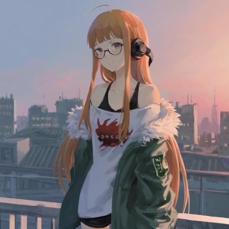 Digital art, masterpiece, a very detailed and professional screenshot, a halfbody portrait, A girl Sakura Futaba standing on rooftop wearing headphone  <lora:futaba_xl-000018:1>