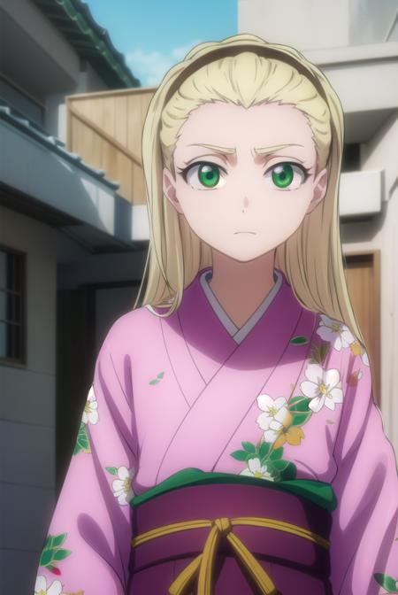 rurichiyokasumioji, <lora:rurichiyokasumioji-lora-nochekaiser:1>, 
rurichiyo kasumioji, long hair, blonde hair, (green eyes:1.5), hairband, hair pulled back, forehead,
BREAK japanese clothes, kimono, sash, obi, floral print, pink kimono,
BREAK outdoors, shrine,
BREAK looking at viewer, (cowboy shot:1.5),
BREAK <lyco:GoodHands-beta2:1>, (masterpiece:1.2), best quality, high resolution, unity 8k wallpaper, (illustration:0.8), (beautiful detailed eyes:1.6), extremely detailed face, perfect lighting, extremely detailed CG, (perfect hands, perfect anatomy),