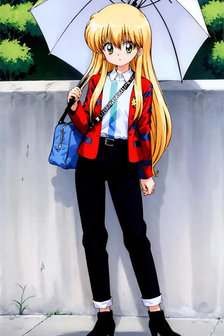 <lora:kozuki_miyu_v2:1>, kozuki miyu, (masterpiece:1.2), (high quality:0.8), 1girl, solo, city, street corner, striped, pants, shirt, holding, striped shirt, umbrella, bag, jacket, black pants, black footwear, handbag, standing, earrings, jewelry, full body, holding bag, long sleeves, chair, high heels, red jacket, fashion, hat, portrait