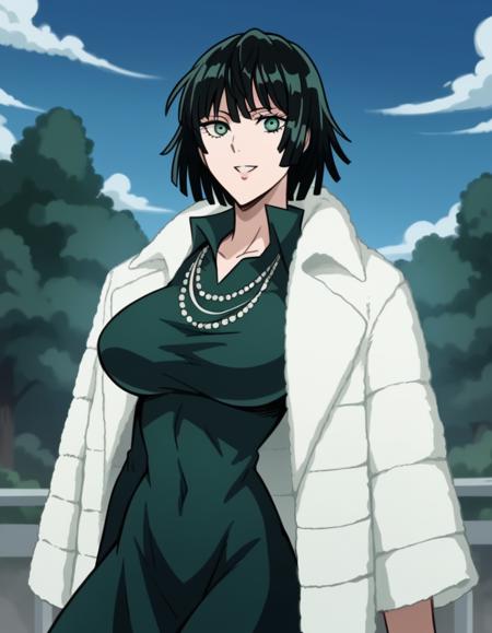 <lora:opm-fubuki-anime-s1s2-ponyxl-lora-nochekaiser:1>, fubuki, fubuki \(one-punch man\), black hair, green eyes, short hair, large breasts, black dress, dress, fur coat, high collar, jewelry, necklace, off shoulder, taut clothes, taut dress,