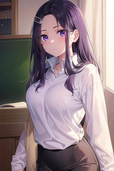 sayuriakino, <lora:sayuri akino manga-lora-nochekaiser:1>,
sayuri akino, long hair, hair ornament, hairclip, purple hair, (purple eyes:1.1), (forehead:1.2),
BREAK shirt, white shirt, collared shirt, sweater, black sweater,
BREAK indoors, classroom,
BREAK looking at viewer, (cowboy shot:1.5),
BREAK <lyco:GoodHands-beta2:1>, (masterpiece:1.2), best quality, high resolution, unity 8k wallpaper, (illustration:0.8), (beautiful detailed eyes:1.6), extremely detailed face, perfect lighting, extremely detailed CG, (perfect hands, perfect anatomy),